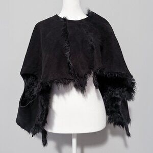 10Sei0Otto Italian Shearling Leather Shawl Wrap – Black, Real Leather, Italian